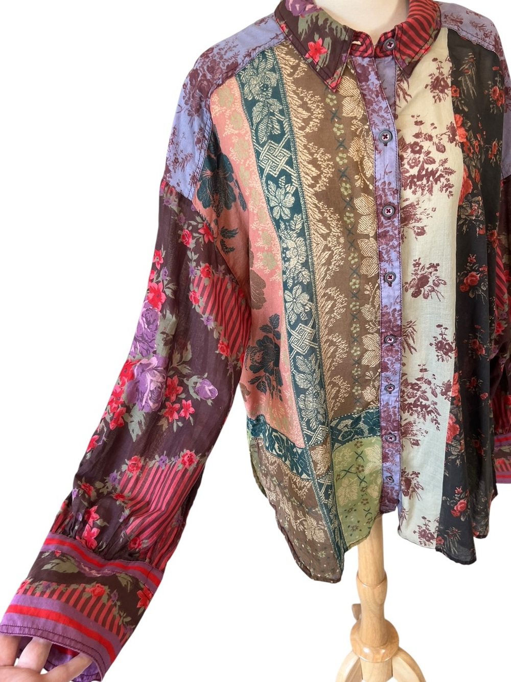 Free People Flower Patch Mixed Media Patchwork Button Down Floral Top Blouse XL - Picture 3 of 11